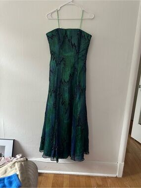 Cache Strapless Green and Navy Beaded Evening Gown